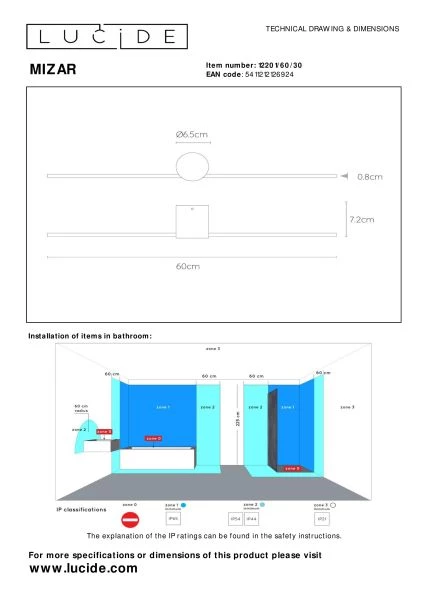 Lucide MIZAR - Lámpara de pared Baño - LED - 1x6W 2700K - IP44 - Negro - técnico